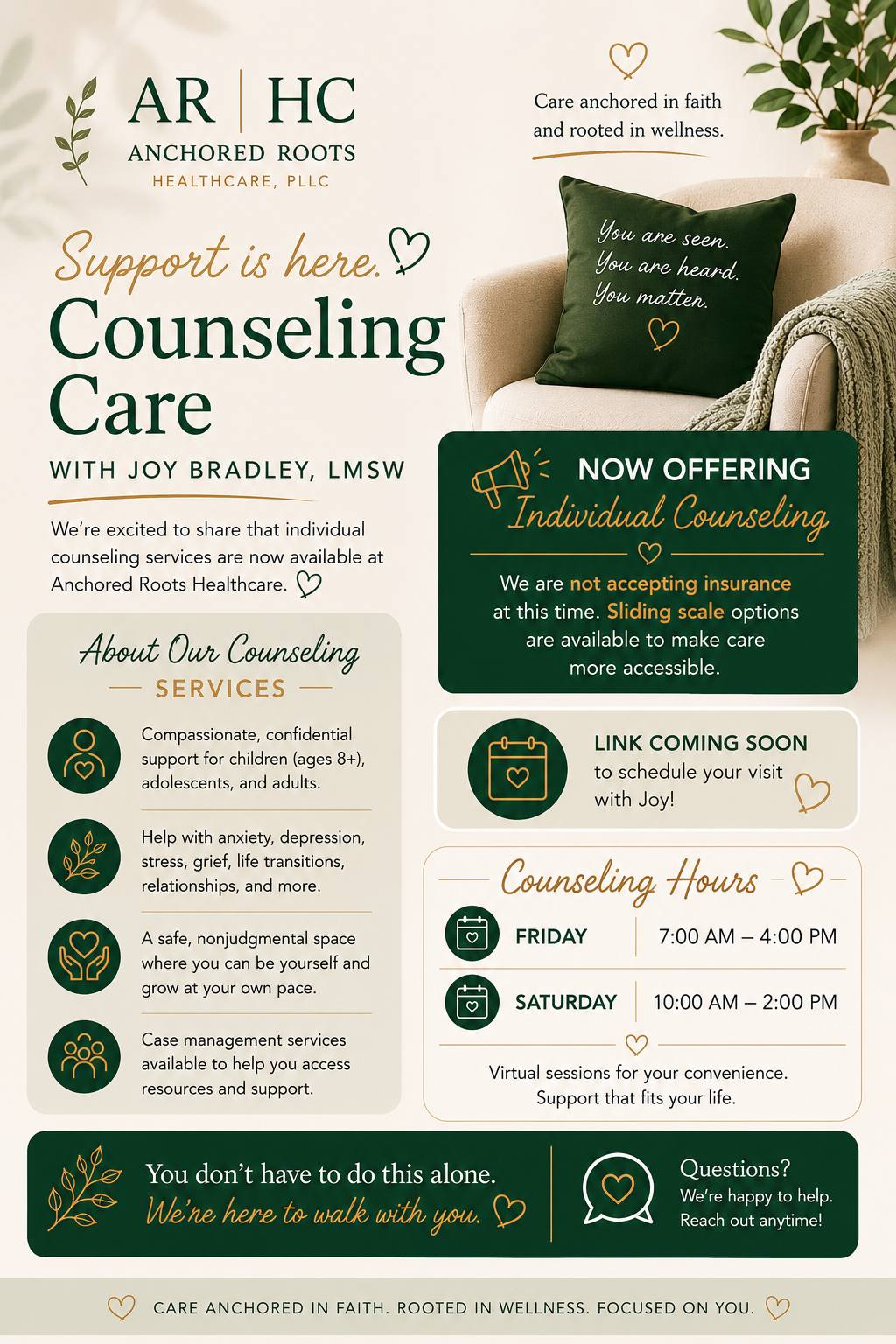 Counseling care with Joy Bradley, LMSW, including counseling hours and services