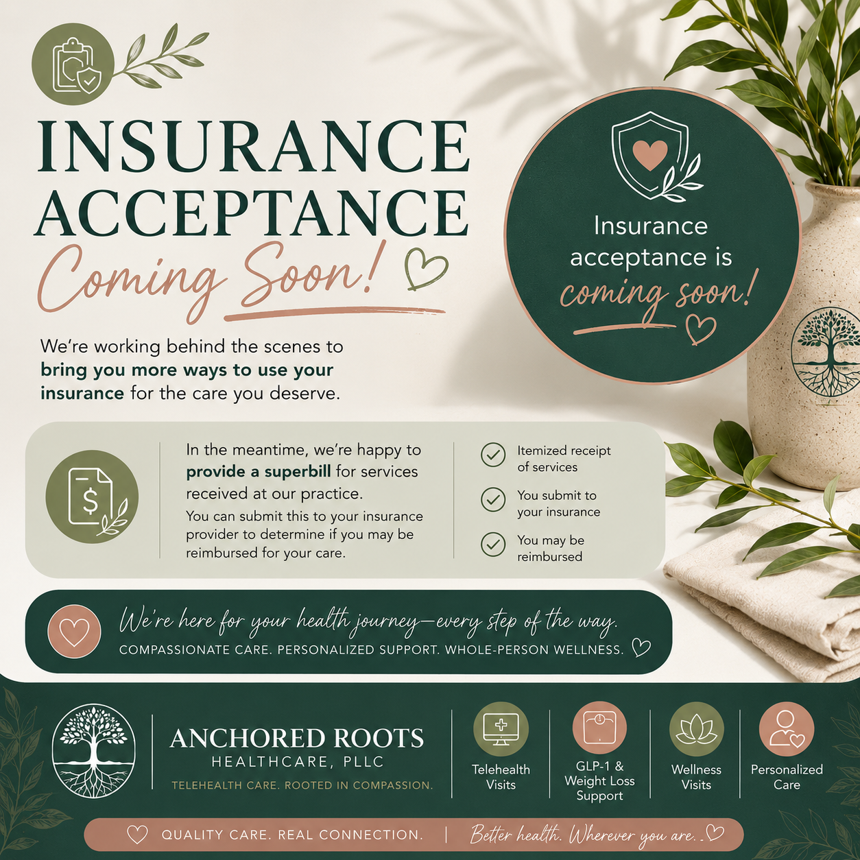 Insurance acceptance coming soon — in the meantime, Anchored Roots Healthcare can provide a superbill you may submit to your insurance for possible reimbursement