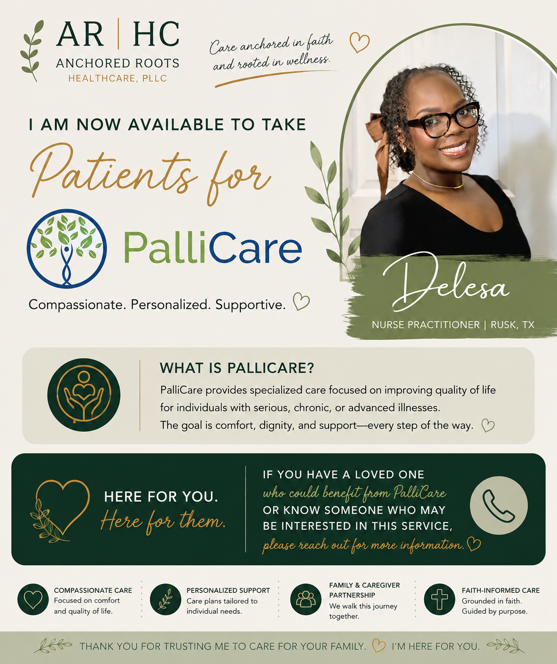 Delesa Bradley, Nurse Practitioner in Rusk, TX, is now available to take patients for PalliCare — compassionate, personalized, and supportive palliative care anchored in faith and rooted in wellness