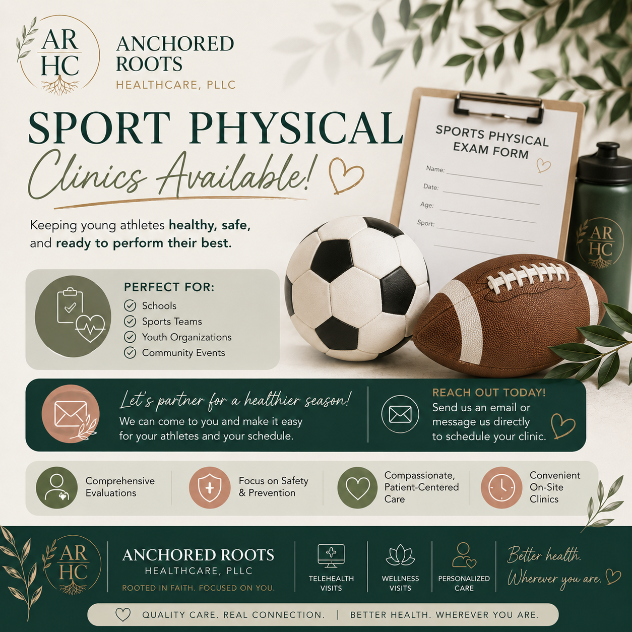 Anchored Roots Healthcare sport physical clinics available for schools, sports teams, youth organizations, and community events